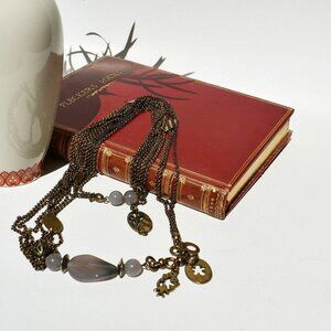 USED, Vintage necklace, chain and charms in brass metal, and gray beads